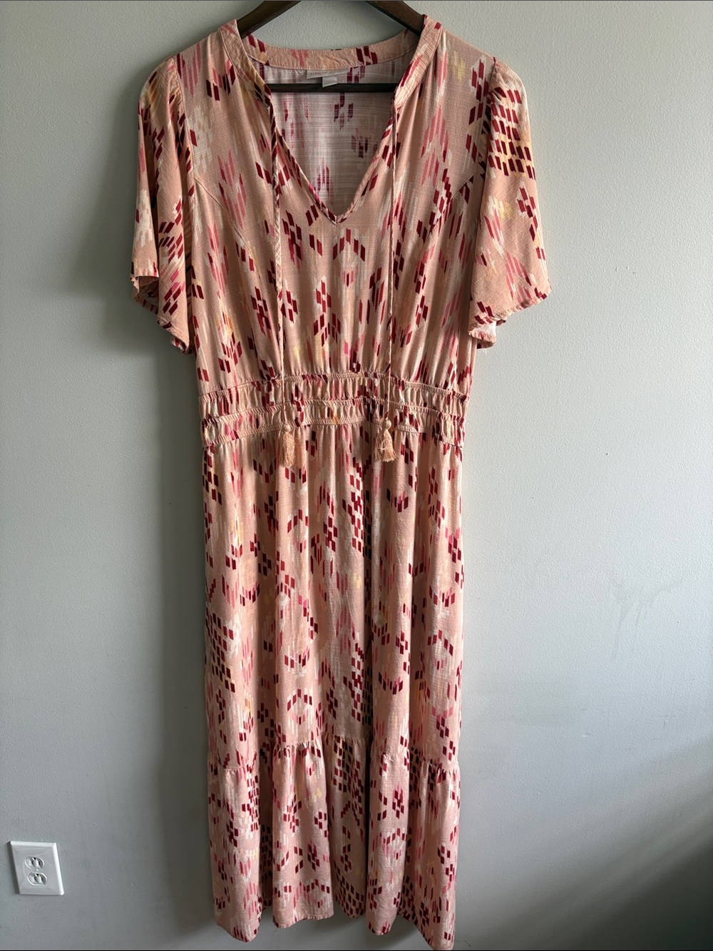 Knox Rose Pink Ikat Print Tassel Tie Midi Dress Boho Peasant Medium